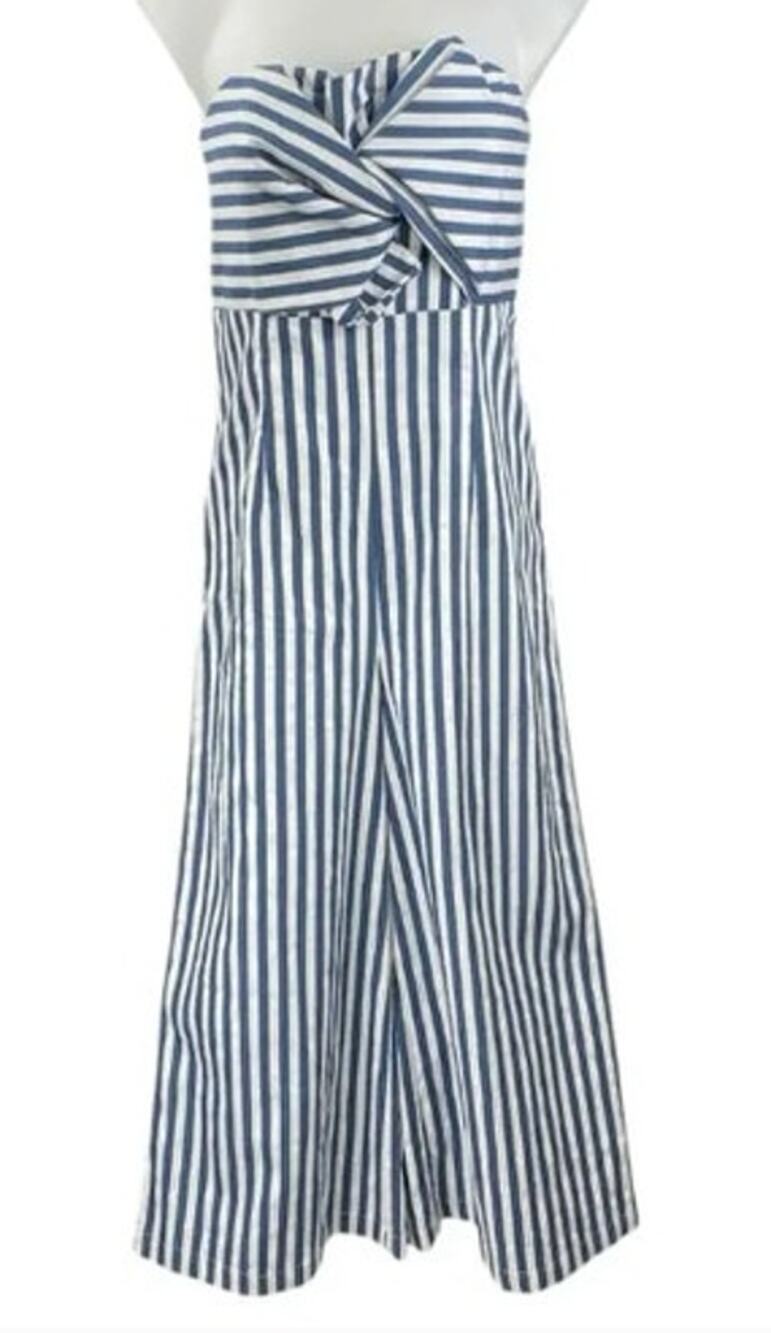 Sugar + Lips Women's Strapless Wide Leg Jumpsuit in White Navy Striped